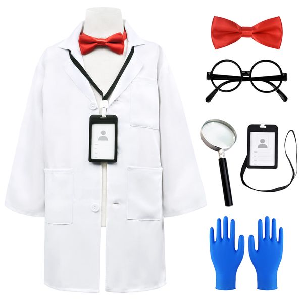 ZZIHAN Scientist Costume for Kids Lab Doctor Coat Costume Mad Scientist Costume with Magnifying Glass Goggles Experiment Gloves Bow Tie Toddlers Boys Girls Birthday Party Halloween Dressing Up 5-6T