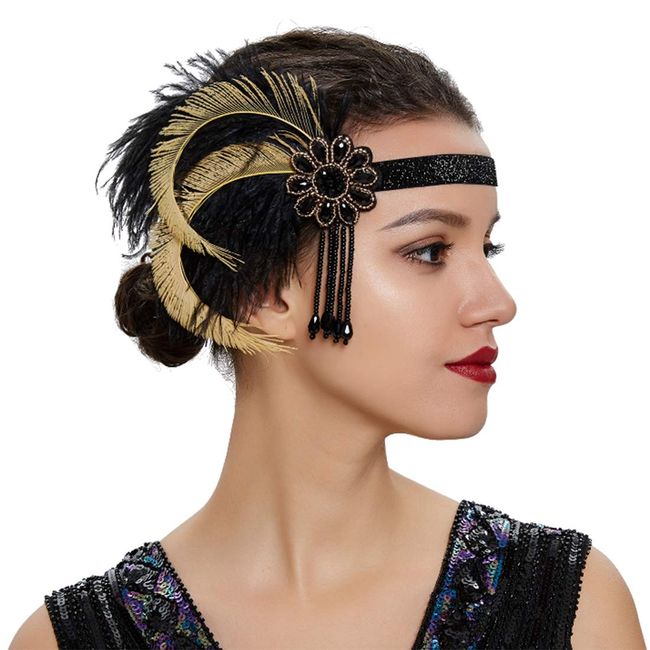 Flapper Gatsby Headband 1920s Headpiece Retro Style Roaring 20s Accessories for Costume Prom Wedding Party (Golden feather)