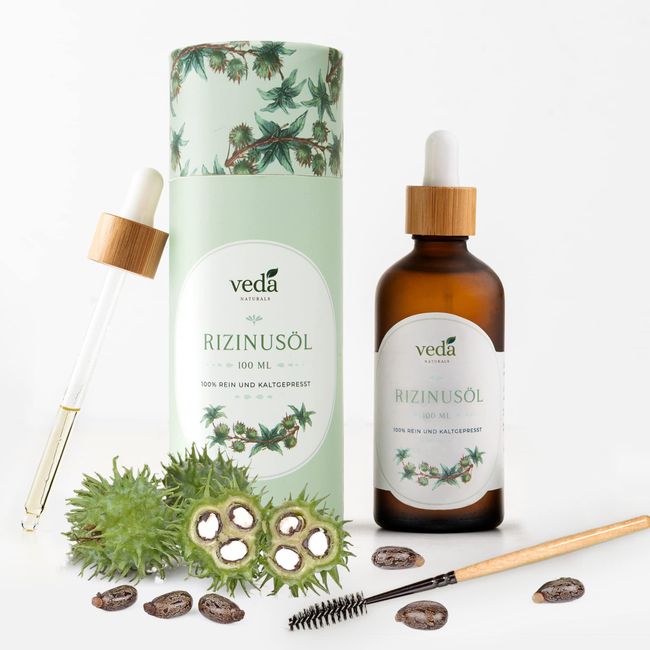 Veda Naturals® Rizinusöl (100ml) kaltgepresst– nachhaltige Verpackung–100% rein, Ricinus Communis -Castor Oil–gut für Augenbrauen, Haare, Bart, Wimpern und Nägel-Laborgeprüft-Cosmos Natural certified