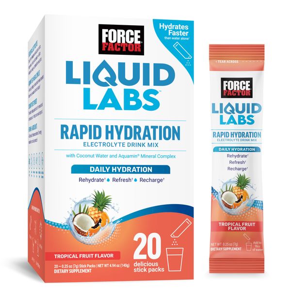 FORCE FACTOR Liquid Labs Electrolytes Powder, Hydration Packets to Make Electrolyte Water with 5 Essential Electrolytes, Vitamins, Minerals, and Antioxidants, Tropical Fruit Flavor, 20 Stick Packs