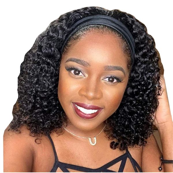 OYSRONG Shoulder-length Black Color Twist Crochet Wavy Headband Afro Wig With Black Headband Attached Black Color Wavy Wrap Wigs With Turban Head-wrap Afro Wig