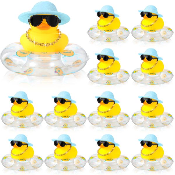 Sotiff Mini Rubber Ducks Bulk for Kids Children Cute Yellow Duck Toy for Dashboard of Car Bathtub Ornaments with Sunglasses Swim Ring Mini Hat Necklace and for Baby Shower(24 Sets,Cute)