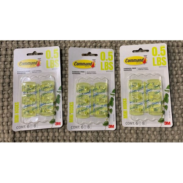 New 3M Command Clear Yellow 3 Packs 6 Mini Hooks 8 Strips Damage Free Hanging