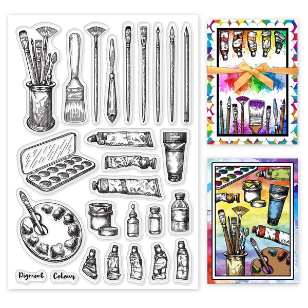 GLOBLELAND Painting Tools Clear Stamps Paints Brushes Palettes Silicone Clear Stamp Seals for Cards Making DIY Scrapbooking Photo Journal Album Decoration