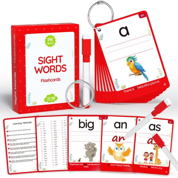 WJPC 58 Cards, 116PCS High Frequency Sight Words Flash Cards for (Pre-K, Pre-Kindergarten, Kindergarten, 3,4,5, Years Ages Kids Boys Girls Toddler Flash Cards for 3-6 Years