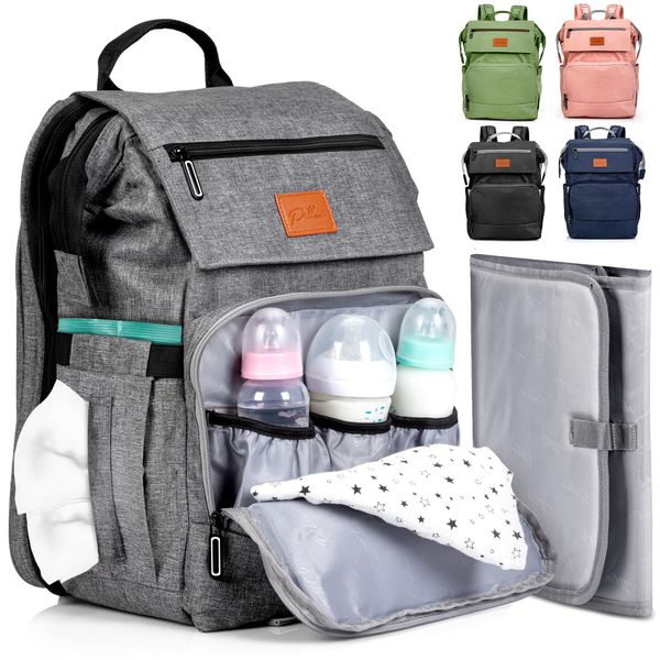 PILLANI Baby Diaper Bag Backpack - Baby Bag for Boys & Girls, Diaper Backpack - Large Travel Diaper Bags w/Changing Pad - Baby Registry Search & Shower Gifts Newborn Essentials & Items for Mom, Gray