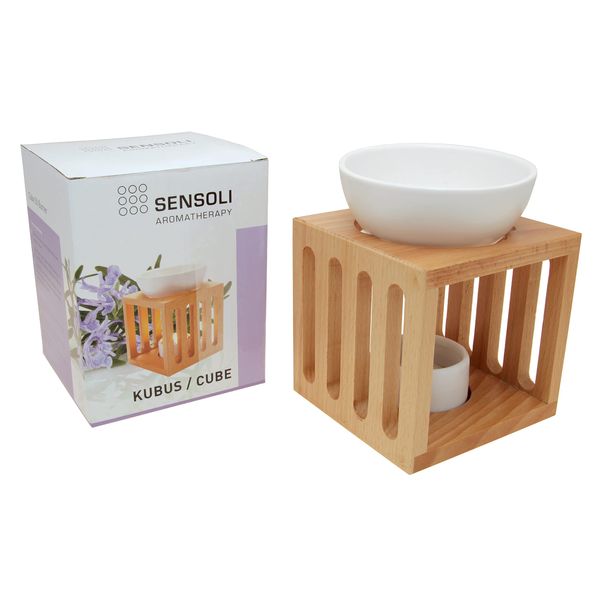 Sensoli Cube Oil Burner – Solid Wood with White Ceramic Bowl and Tealight Candle Holder