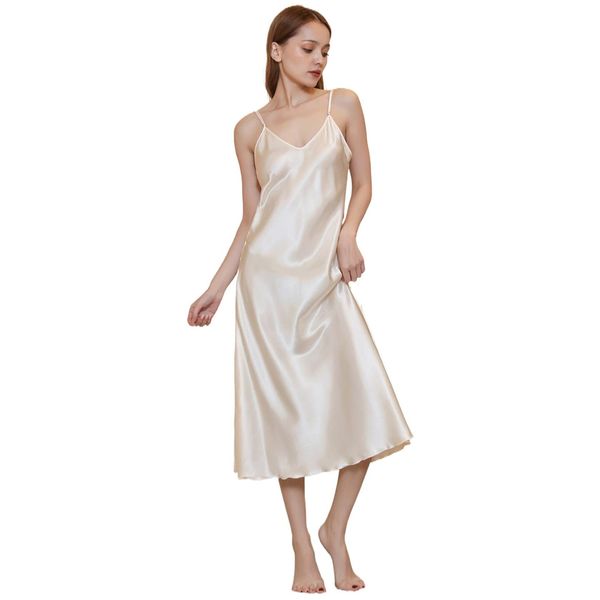 JK Home Stain Full Slip Midi Dress - Chemise Nightgown with Adjustable Spaghetti Strap for Women - Champagne XL