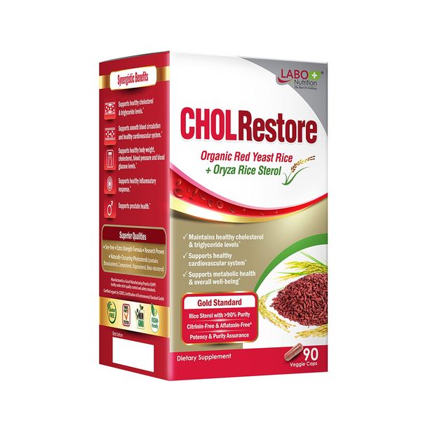 LABO Nutrition CHOLRestore – Red Yeast Rice with Phytosterol Health Supplement, Supports Healthy Cholesterol Levels, Citrinin, Aflatoxin & Soy Free, 90 Vegetarian Capsules