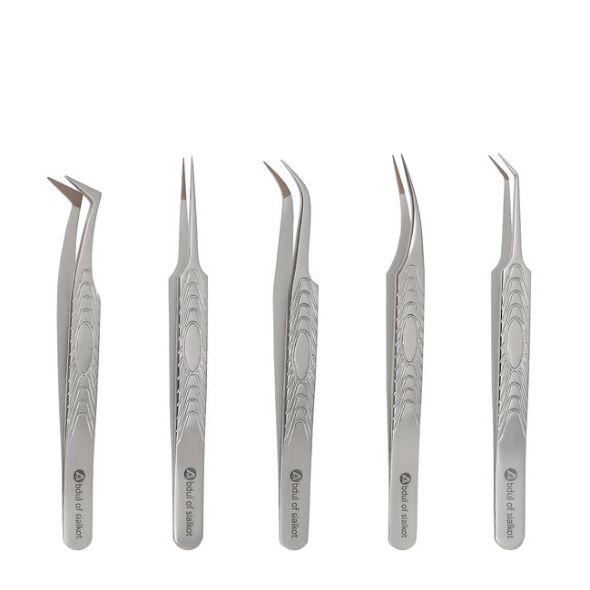 Abdul of Sialkot Fiber Tips Volume Tweezers for Eyelash Extensions, Set of 5,Volume Boot, Made with Perfection Micro Tip 5 Piece Set Titanium(Sliver)