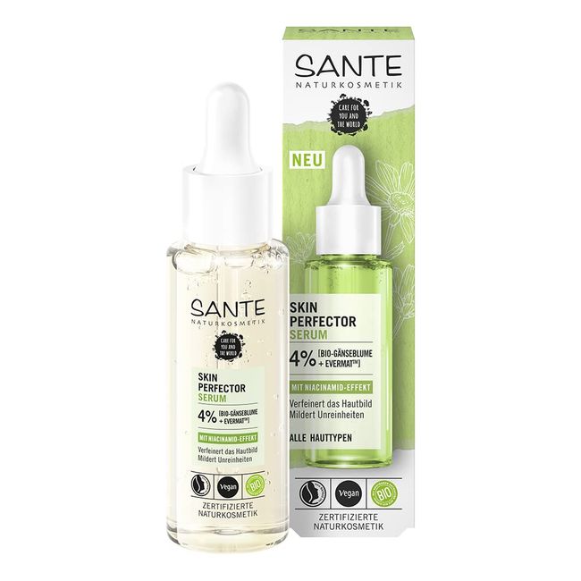 SANTE Naturkosmetik Serum mit Niacinamid-Effekt, Gesichtsserum für einen ebenmäßigen Teint und verfeinerte Poren, Mit pflanzlichem Wirkstoff, Skin Perfector Serum, 30 ml