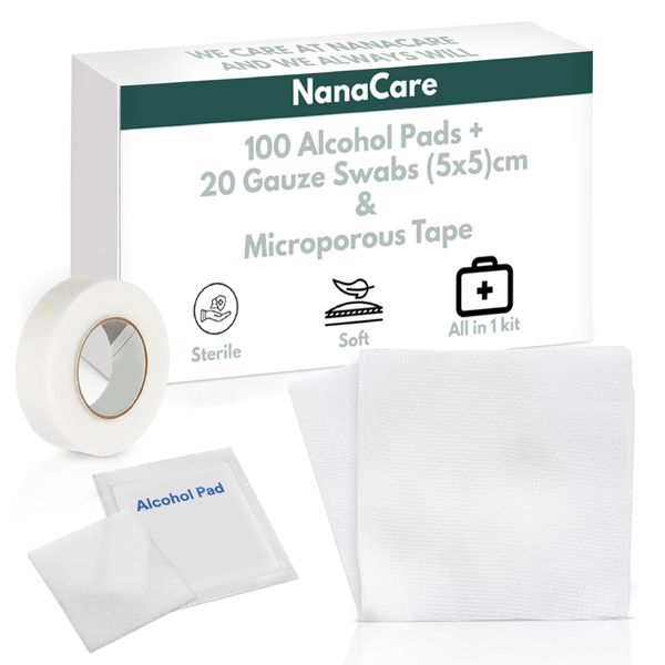 Nanacare Pre-Injection Alcohol Wipes x100 with 20pc Sterile Gauze Pads & 1 Roll Micropore Tape| All in 1 kit | 70% Isopropyl Alcohol Wipes First Aid| Antiseptic Wipes|Gauze Swab|Medical Wound Cleaning