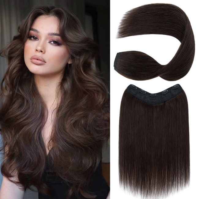 S-noilite One Piece Clip in Hair Extensions Human Hair One Piece/5 Clips 3/4 Full Head V Part Weft Thicker Hair Lace Net One Piece Hair Extensions Clip in Human Hair (14"-50g,#02 Dark Brown)