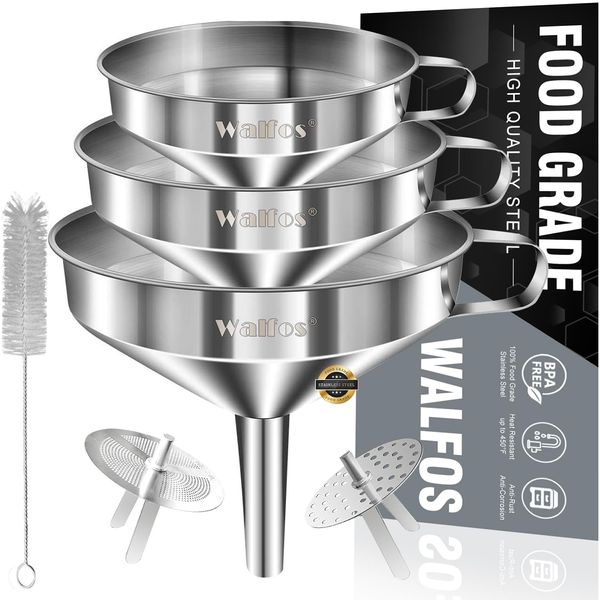 Walfos Kitchen Funnel, 3 Pack Stainless Steel Funnel (14cm+ 12cm+ 10cm) with 2 Removable Strainer ＆ 1Pcs Cleaning Brush, Perfect for Transferring of Liquid, Oils, Jam, Dry Ingredients & Powder