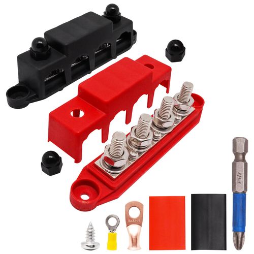 SWZHAI 250A 12V Bus Bar Marine 3/8" Power Distribution Block with Cover, 4 x 3/8" (M10) Posts, 3 x M4 (#8) Screws Terminals 12 Volt DC Battery Busbar for Boat Automotive Solar (Black+Red)