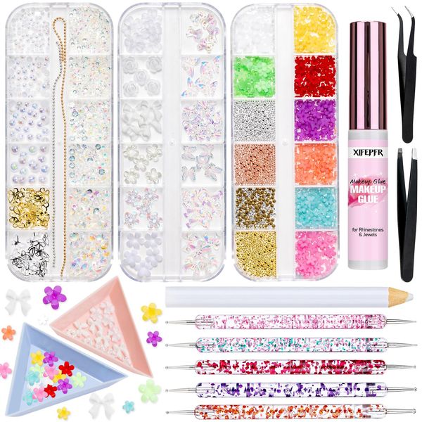 XIFEPFR 3D Nail Charms Gems Kit with Nail Art Rhinestone Glue, Flowers Aurora Bow Butterfly Bear Caviar Bead Pearl Jewelry Rhinestones for Nail Decoration with Pickup & Dotting Tools