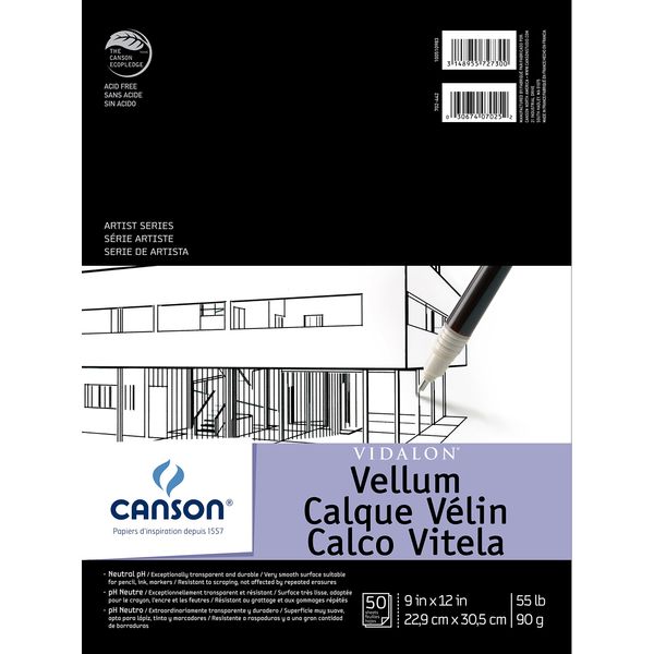 Canson Artist Series Vidalon Vellum Paper, Foldover Pad, 9x12 inches, 50 Sheets (55lb/90g) - Artist Paper for Adults and Students