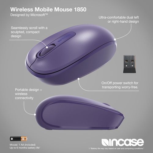 Incase Wireless Mobile Mouse 1850 – Designed by Microsoft – Compact, Comfortable, Right/Left Hand Use, 6-Month Battery Life, Nano Transceiver, Works with Mac/Windows 8/10/11 (Purple)