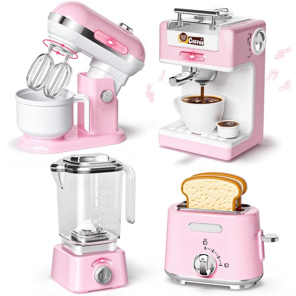 B Bascolor Pretend Play Kitchen Appliances Toy Set with Realistic Coffee Maker Machine, Toaster, Mixer and Blender, Kids Kitchen Playset with Sound & Light for Kids Age 3–5 4-8