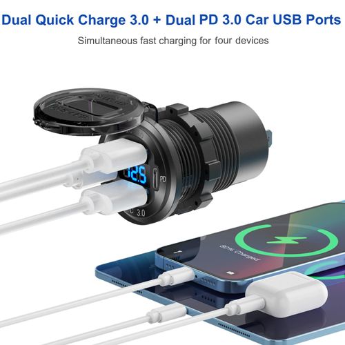 2025 Upgraded 4 Port 12 Volt USB Outlet Cigarette Lighter Socket Panel, Dual PD3.0 and Dual QC3.0 USB Ports Aluminum Car Charger with Voltmeter, Lighted 150W Socket, 2 in 1 DIY Kit for Boat RV, etc.