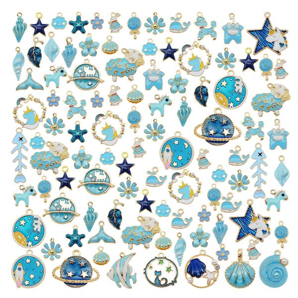 Pack of (x20) Mixed Kinds Blue Enamel Paint Metal Crafts Gold Plated Earrings Bracelets Necklaces Pendants Charms Bulk DIY Jewellery Findings 2-3cm