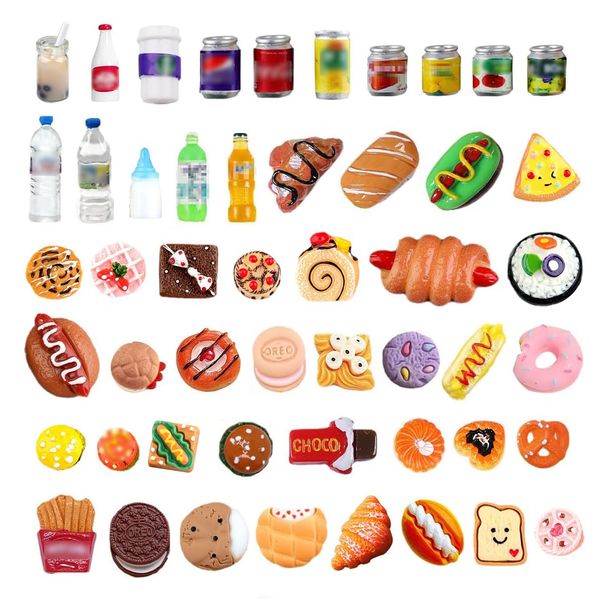 50Pcs Miniature Food Drinks Bottle Soda Pop Cans, Pretend Play Mini Kitchen Game Party Accessories Toys Hamburg Cake Ice Cream for 1/12 Doll House