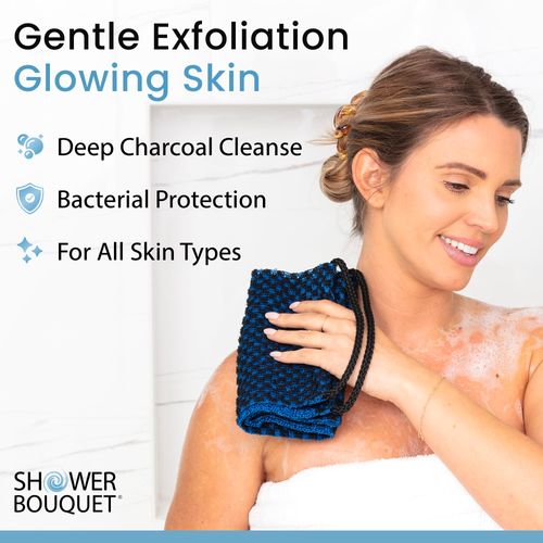 Japanese Exfoliating Washcloth for Back & Body - Charcoal & Silver Ion Exfoliating Towel with Handles - Two-Sided Gentle Exfoliation & Deep Cleansing Soft Body Wash Cloths for Shower - Blue