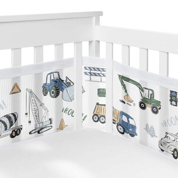 Sweet Jojo Designs + BreathableBaby Green Blue Construction Truck Boy Breathable Mesh Crib Liner Baby Infant Grey Transportation Zone Vehicles Bulldozer Cement Crane Tractor Black White