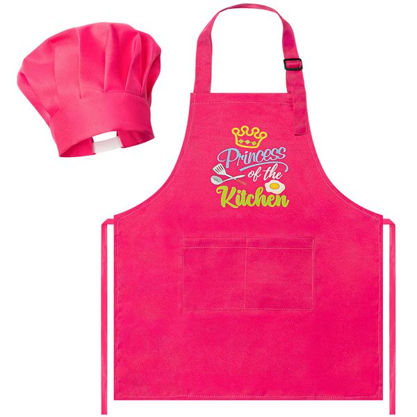 R HORSE 2 Pcs Kid Apron and Chef Hat Set, Rose Red Adjustable Children Kitchen Apron Role Play Chef Toy Cooking Baking Painting and Training Kits Kid Funny Cooking Gift New Year