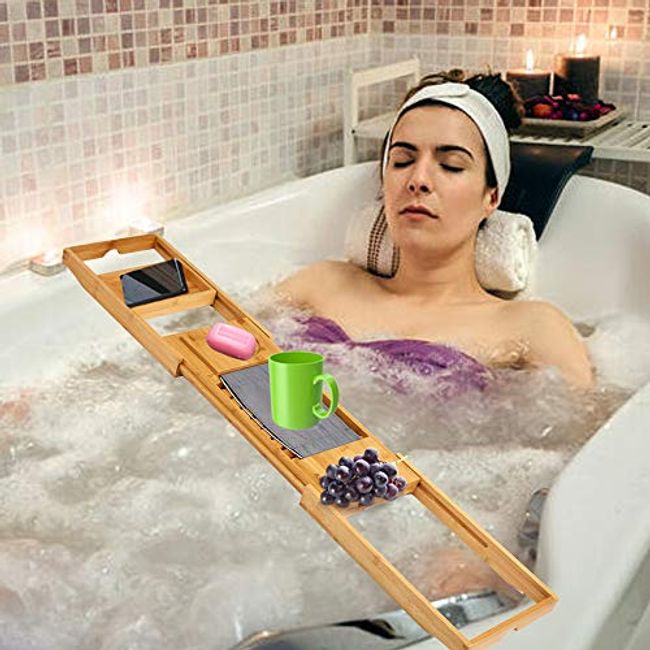 Bathtub Tray Caddy - Foldable Waterproof Bath Tray & Bath Caddy - Wooden Tub  Organizer & Holder - Expandable Size, Fits Most Tubs 