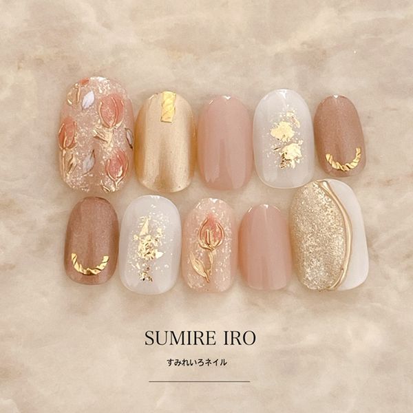 Nail tips False nails Bridal nails Short Long design Summer nails Nail Coming-of-age ceremony Short nails Small nails Large nails Berry short Chibi nails Spring nails False nails Custom nails Flowers [1993] Tulip beige gold white floret flower