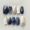24pcs  Flower Deep Blue Cat-eye Gilding Ins press on Nails, Medium Coffin Shape
