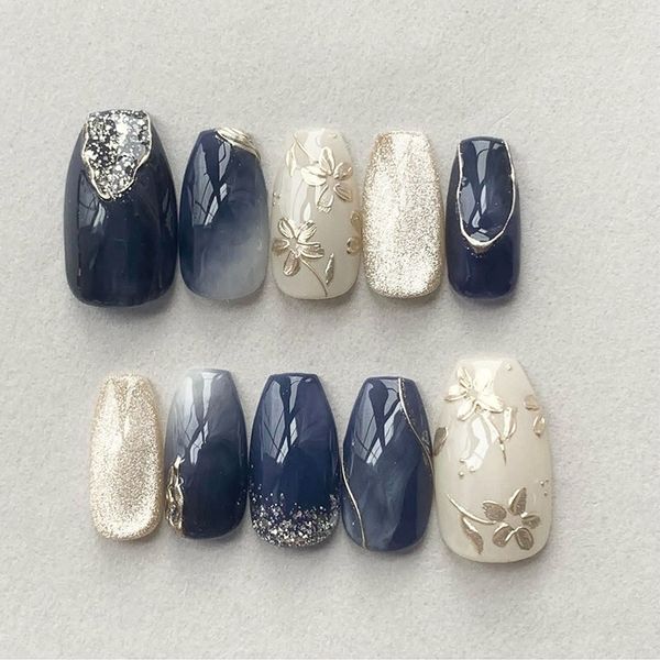 24pcs  Flower Deep Blue Cat-eye Gilding Ins press on Nails, Medium Coffin Shape