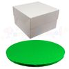 ROUND COLOURED Drum cake BOARD and white transporting BOX (12 Inch, Green)