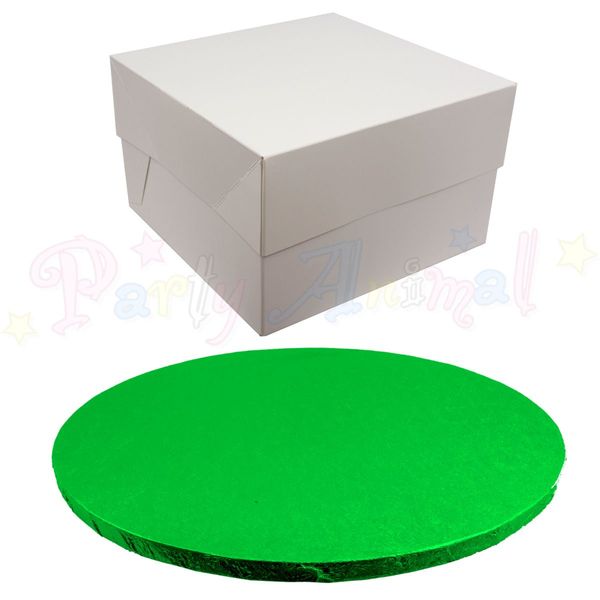 ROUND COLOURED Drum cake BOARD and white transporting BOX (12 Inch, Green)
