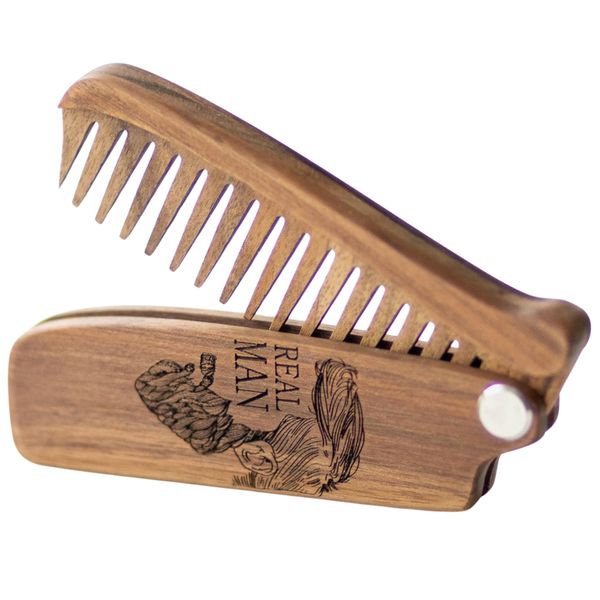 Enjoy The Wood Beard Comb for Men - Pocket Folding Combs for Mustache & Hair Travel, Natural Wooden Comb with Real Man Engraving - Light Brown, Perfect for Use with Beard Balm Oil