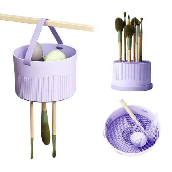 ANINAKO Makeup Brush Cleaner 3 IN 1 Silicone Makeup Brush Set Cleaner &amp; Makeup Brush Holder Large Capacity Hangable Removable Stand Brush Stand Storage Makeup Brush Drying Makeup Brush Cleaner (Light Purple)