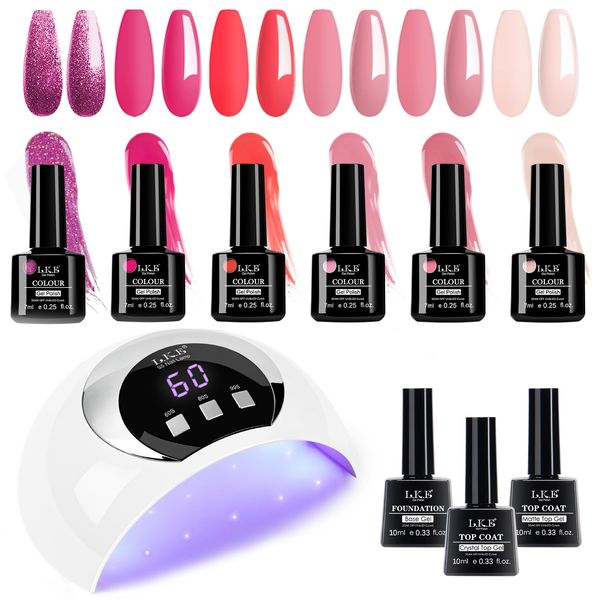 Gel Nail Kit 6 Colors Gel Nail Polishes Set with 54W UV Lamp for Gel Nails, Glossy & Matte Top and Base Coat, Pink Red Gray White Gel Nail Polish Set with Lamp Starter Kit for Nail Art DIY at Home