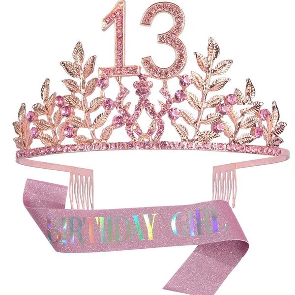 HPMAISON 13th Birthday Crown with Combs & A Pink Sash Rhinestone Headband Princess Tiara Women Cake Topper Party Costume Accessories Tiara and Belt for 13th Birthday Party Present