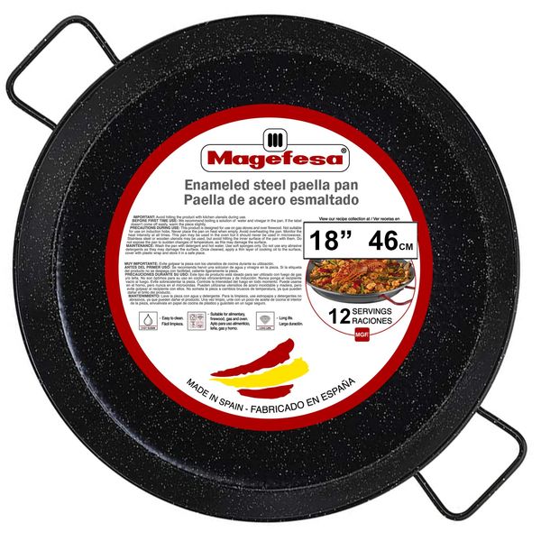 MAGEFESA® Enamelled - paella pan 18 in - 46 cm and 12 Servings, made in Enameled Steel, with dimples for greater resistance and lightness, ideal for cooking outdoors, cook your own Valencian paella