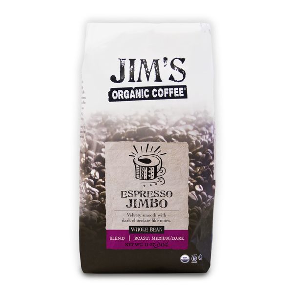 Jim’s Organic Coffee – Espresso Jimbo Blend – Medium/Dark Roast, Whole Bean, 11 oz Bag