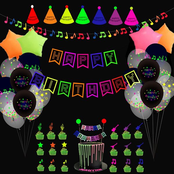 Happy Birthday Party Neon Decorations Gift Set, Including Glow in the Dark Banner, Neon Balloons, Foil Balloons, Cake Topper, Hanging Music Notes, Hats