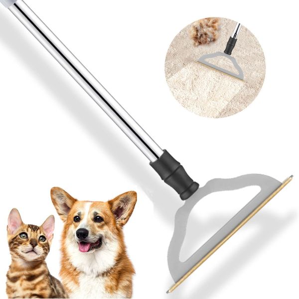 HIMODA Pet Hair Remover for Carpets, Carpet Rake for Dog Cat Hair Removal, V2.0 Magic Metal Carpet Broom with Extra Long Handle, Large Reusable Fur Scraper Tool