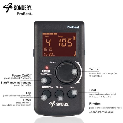 Sondery Digital Metronome for Guitar Piano Drum and All Instruments with Timer, English Vocal Counting and 3 Different Sounds with Earphone Jack and Flashing Light, Loud Volume, Rechargeable