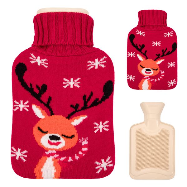 Hot Water Bottle 800ML Rubber Hot Water Bag with Snowflake Deer Pattern Knitted Cover for Hand Feet Warmer, Neck and Shoulder Pain Relief (Red)