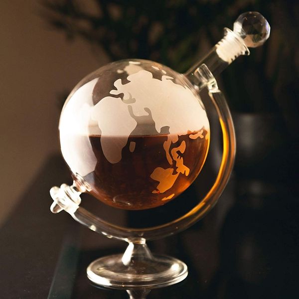 Garden Mile World Map Whiskey Decanter - Wine Carafe on Cradle Hand Blown Etched Glass Drinks Decanter - Ideas Globe Wine Decanter for Whiskey, Wine, Cocktails, Liquor, Scotch