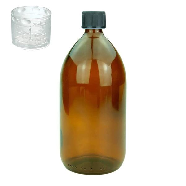 Devitre Brown Glass Bottle 1000 ml with Lid Measuring Cup and Label