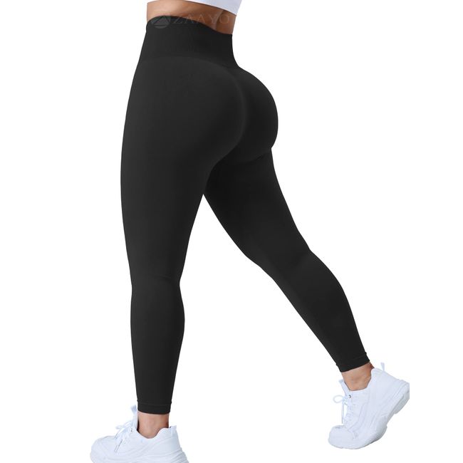 ZAAYO Damen Sport Leggings Nahtlose Gym Workout Smile Contour Yogahose Hohe Taille Bauchkontrolle Laufhose Schwarz S