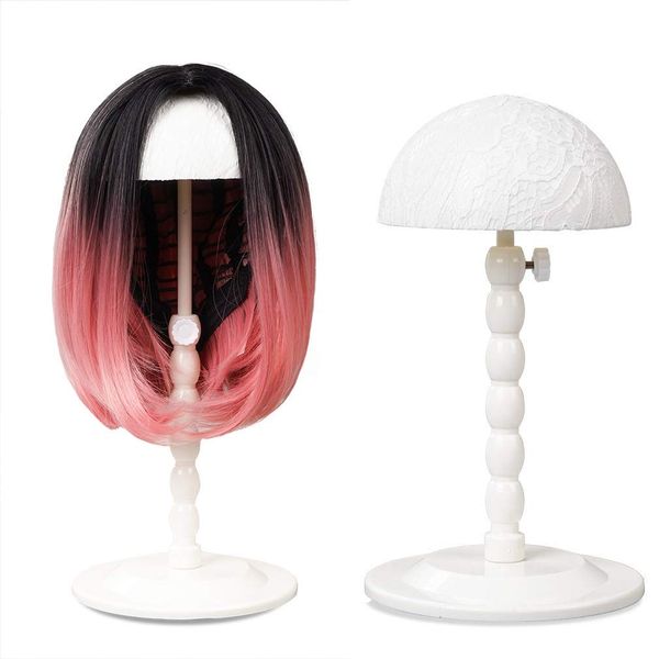 Youngther Wig Stand Adjustable Height Hat Display Portable Folding Wig Head Holders Plastic Wig Stand for Styling Wig Hair Drying Display (White)