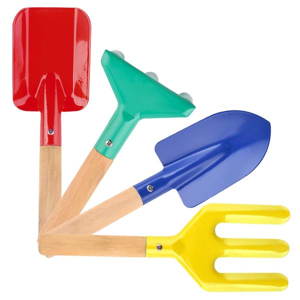 UMUACCAN 4 Piece Kids Beach Tools,Children Beach Sand Toys, Made of Metal with Sturdy Wooden Handle,Safe Beach Gardening Set, Fork, Trowel, Rake & Shovel for Kids, Gifts for Children